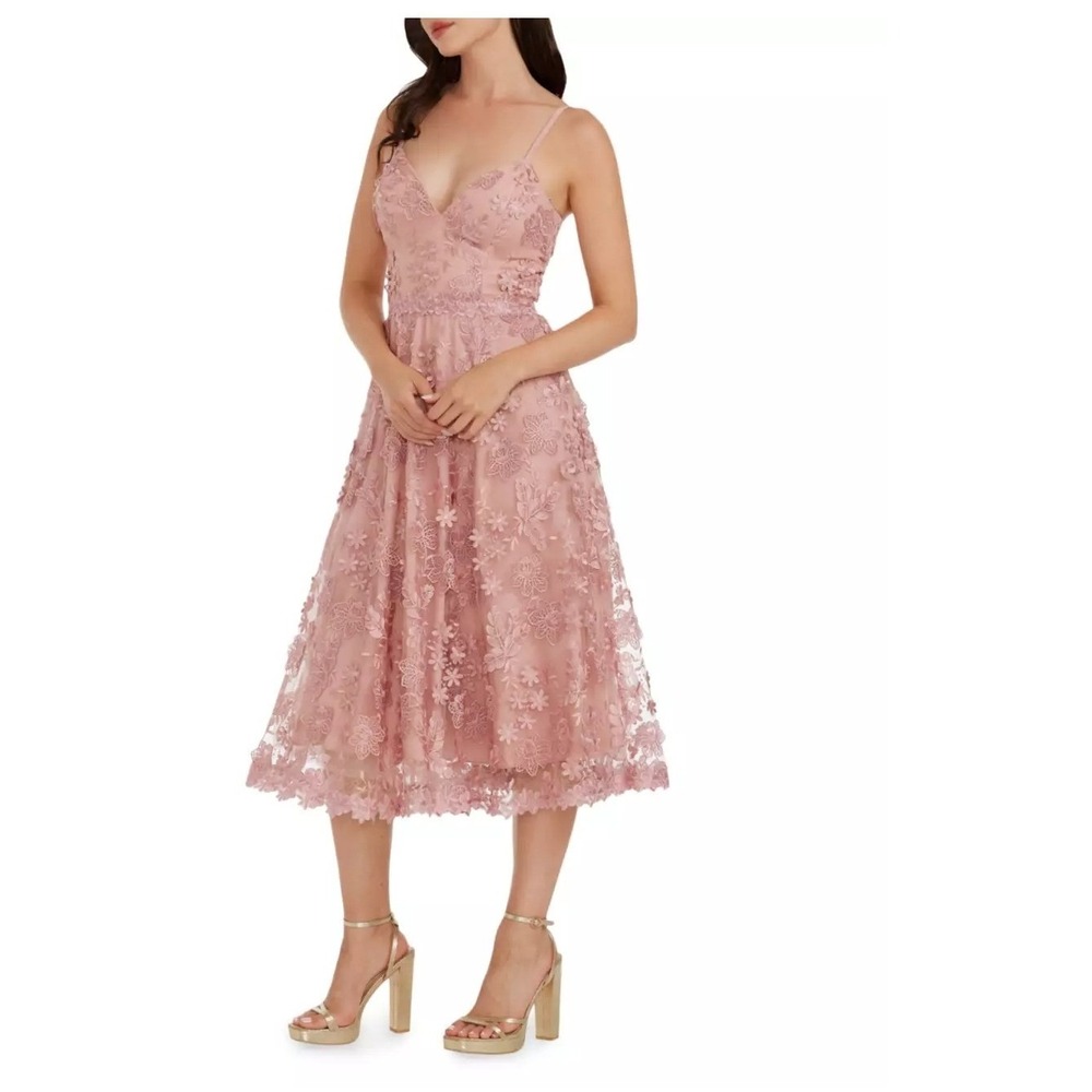 Dress the Population Lace 3D Floral Midi Dress Rose Pink V-Neck Cocktail A-Line - Picture 2 of 7